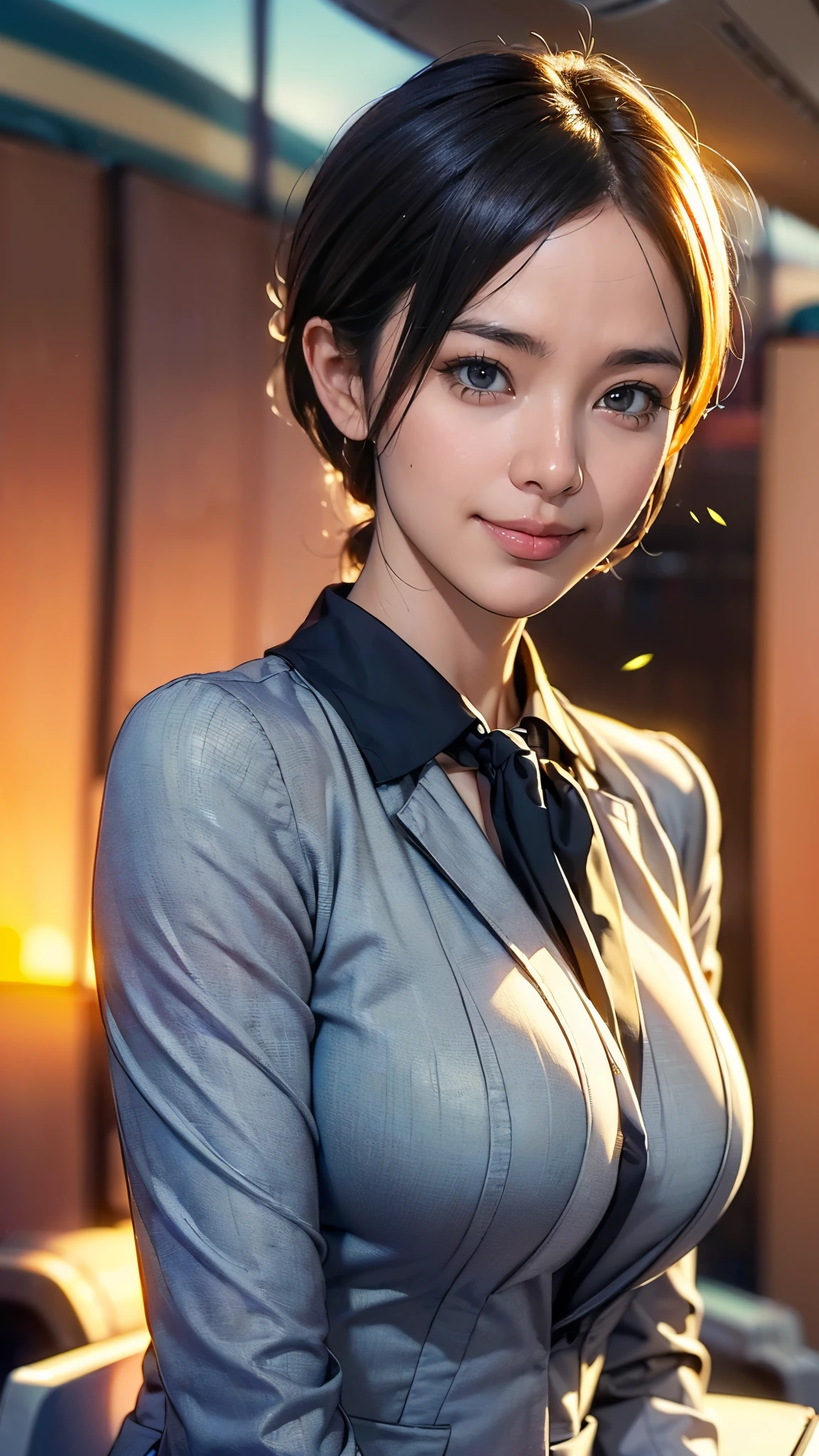 (One Woman),(Japanese),(Short Hair),(45 years old),(whole body:1.5),(front:1.5),((cabincrew)),(Are standing),(Fitted flight attendant uniforms:1.5),(smile:1.5),(Beautiful Eyes:1.3),(Very detailedな顔:1.5),((Very detailedな女性の手の描画:1.5)),((Beautiful Skin:1,5)),(Delicate skin depiction:1.5),(Functional:1.5),(Big Breasts:1.3),BREAK(ANA:1.5),((In Airplane:1.5)),(((Blur the background:1.5))),(The cabin of the plane bathed in the setting sun),BREAK(((masterpiece:1.5),(highest quality:1.5),(Very detailed:1.5),(High resolution:1.5),(Realistic:1.5),(Photorealistic:1.5))),8k,wallpaper