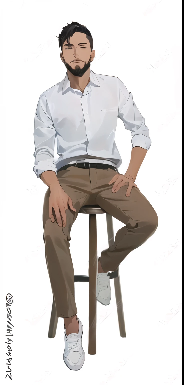 arafed man sitting on a stool with his hands on his hips, sitting on a stool, wearing white shirt, wearing a white shirt, sitting on a chair, sitting on chair, sitting on designer chair, seated on wooden chair, sitting on a table, wearing a white button up shirt, wearing a light shirt, sitting on man's fingertip anime boy cool style skin white