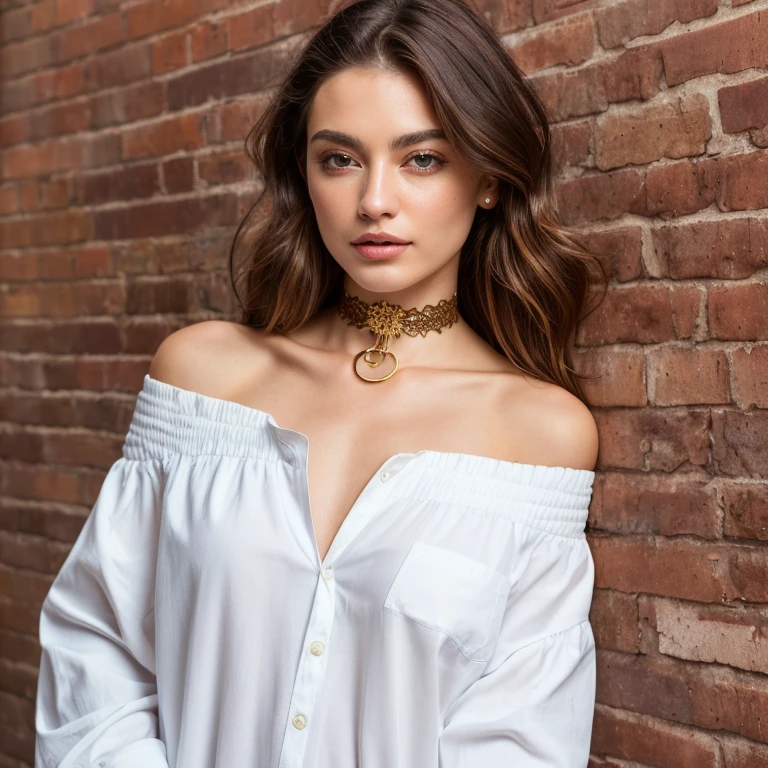 ultra realistic 8k cg, masterpiece, ((ultra detailed background, delicate pattern, intricate detail)), best quality, intricate details, chromatic aberration, 1girl, long hair, golden hair, messy hair, red highlights, hair over one eye, sharp eyes, choker, brick wall, graffiti, dim lighting, alley, oversized shirt,off shoulder, see through white shirt, Masterpiece, best quality