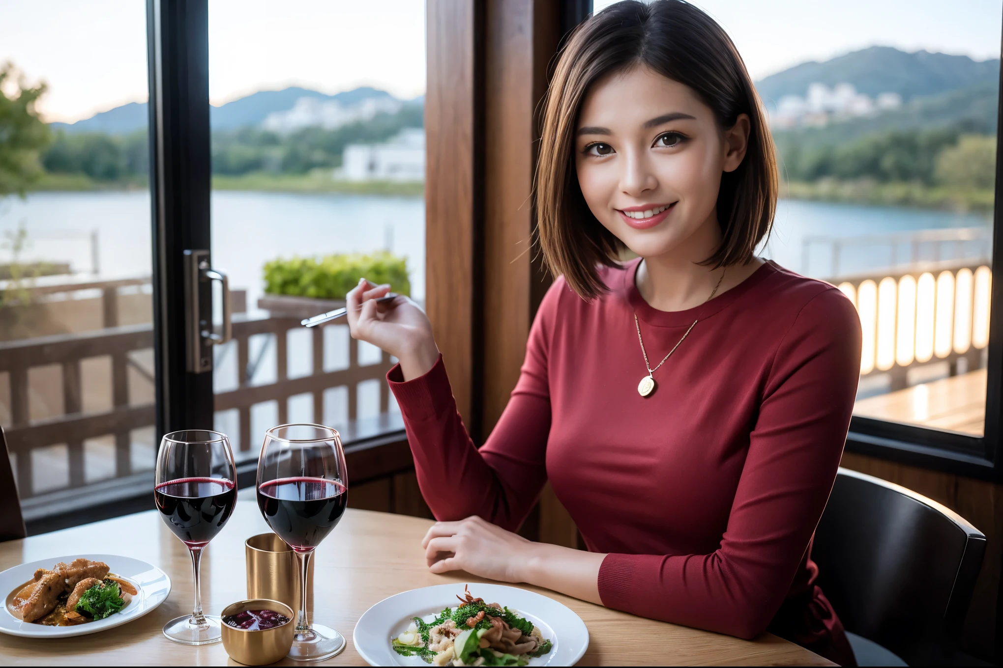 ((highest quality、8k、masterpiece:1.3))、1 male、1 female、spouse、I really like it、Beautiful couple、The body is slim、テーブルの上のwine glass、Facial lighting、full-course dinner、 Amazing view of the sunset sky and clouds、A bright smile、The wonderfulness of smile、Bright image、Beautiful Face, short hair,Bright Face、 (43 years old), 39 years old, red wine 、Appetizers、Italian food、Wine bottle、Champagne、sparkling wine、Two beauties、Brown Hair、Shortcuts、Long sleeve shirt、dress、Pretty Woman 1, (slimな顔), (The body is slim), (Brown Hair), (Shortcuts), cheeks turn a little red,Attractive beauty、restaurant, In a prominent place (From the waist up) Nova Frog Style, actress, model, Upper Body, White wine, slim, wine glass, 中央に置かれたwine glass, smile, (smile: 1.15), Beautiful fine grain, Depth f/2,saturation, High Contrast, Strong light and shadow,Moist Body:1.5、3D texture、Delicate eyes、Brown Hair、The hair is very shiny、