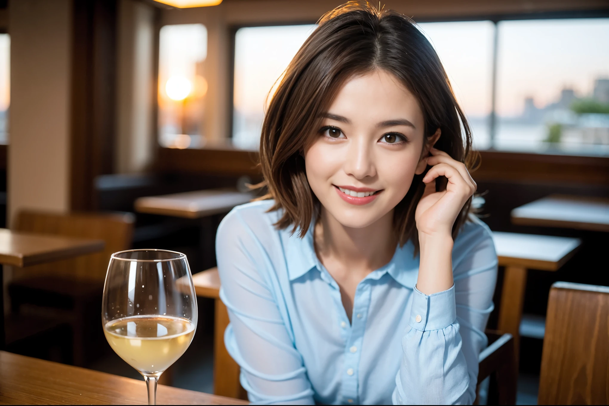 ((highest quality、8k、masterpiece:1.3))、1 male、1 female、spouse、I really like it、Beautiful couple、The body is slim、テーブルの上のwine glass、Facial lighting、full-course dinner、 Amazing view of the sunset sky and clouds、A bright smile、The wonderfulness of smile、Bright image、Beautiful Face, short hair,Bright Face、 (43 years old), 39 years old, red wine 、Appetizers、Italian food、Wine bottle、Champagne、sparkling wine、Two beauties、Brown Hair、Shortcuts、Long sleeve shirt、dress、Pretty Woman 1, (slimな顔), (The body is slim), (Brown Hair), (Shortcuts), cheeks turn a little red,Attractive beauty、restaurant, In a prominent place (From the waist up) Nova Frog Style, actress, model, Upper Body, White wine, slim, wine glass, 中央に置かれたwine glass, smile, (smile: 1.15), Beautiful fine grain, Depth f/2,saturation, High Contrast, Strong light and shadow,Moist Body:1.5、3D texture、Delicate eyes、Brown Hair、The hair is very shiny、