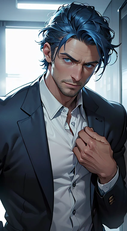 (best quality, masterpiece, 8K, photorealistic, cinematic lighting, 1:4 hdr image, ultra detailed, beautiful image), a mature man, 34 years very handsome, ((cold expression)), short blue hair, blue eyes, face perfect without mistakes, ((buttoning his jacket, CEO))