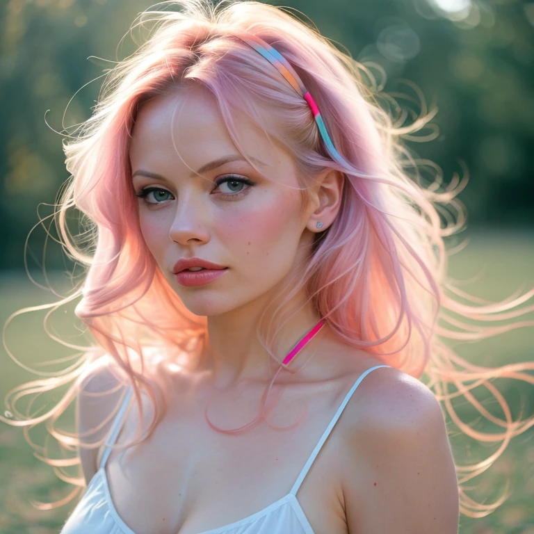(8k, best quality, masterpiece:1.2),(best quality:1.0), (ultra highres:1.0), pencil colors, Pamela Anderson, shoulder, hair ribbons, by agnes cecile, full body photography, extremely luminous bright design, pastel colors, (ink:1.3), autumn lights