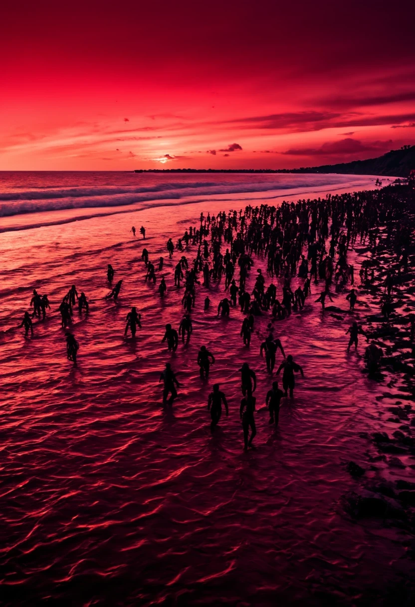 Beach with red sky. Thousand zombies walking into water 