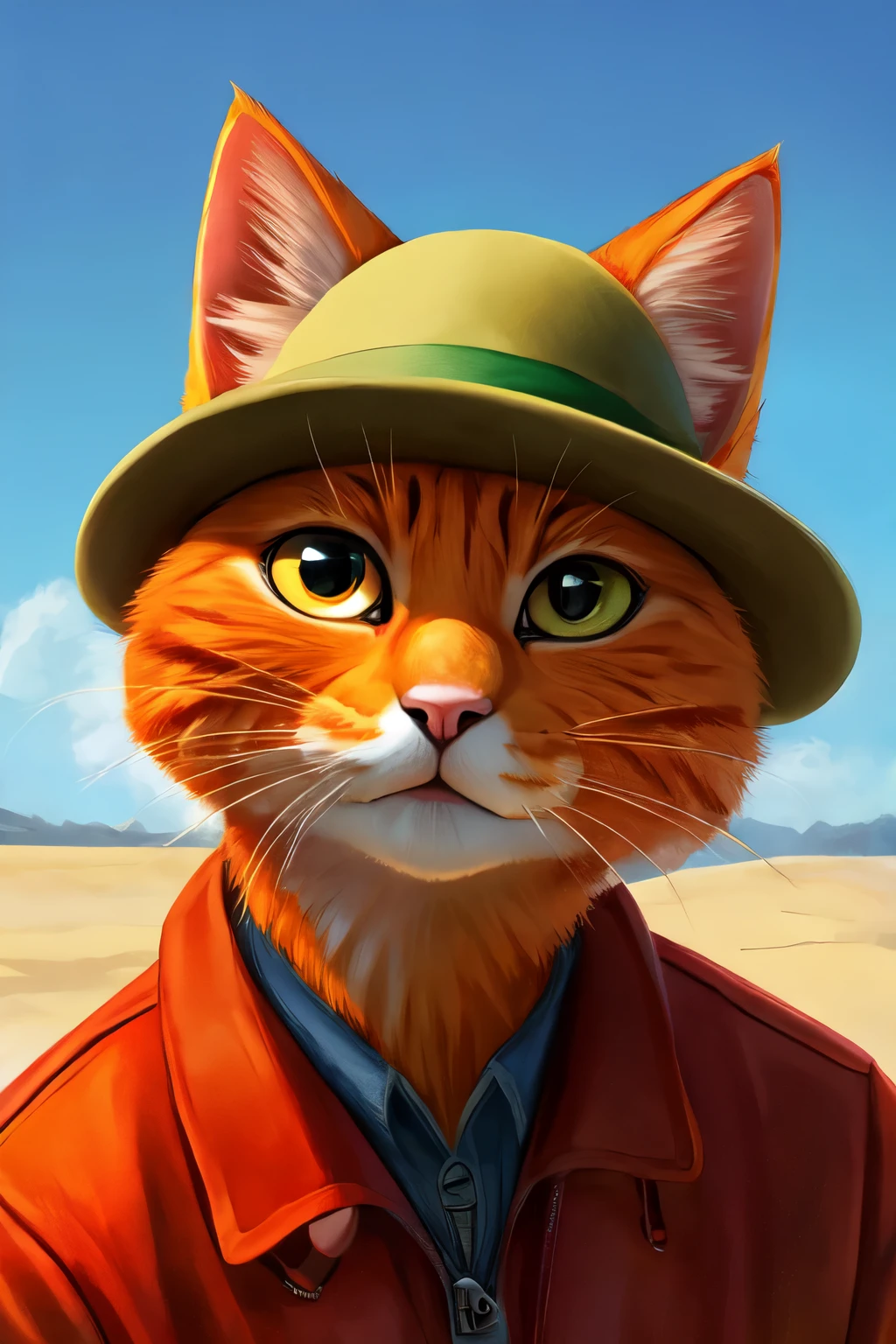 portrait of an adventurous orange cat wearing a hat with its face forward
