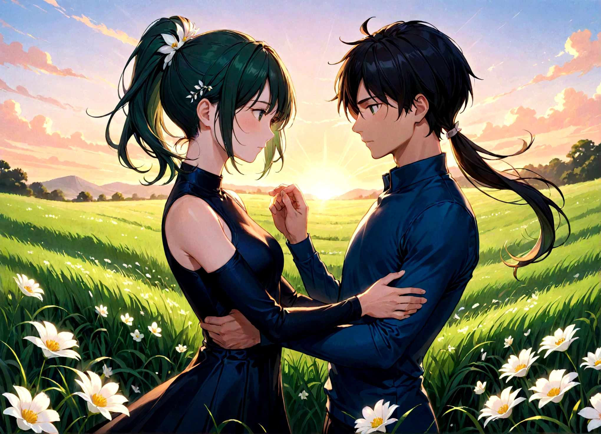 [1 couple waltzing] [1 girl black short hair, body con dress;] [1 guy dark blue green long hair ponytail, vlack compression shirt] grassy field, white flowers, halfbody, sunset