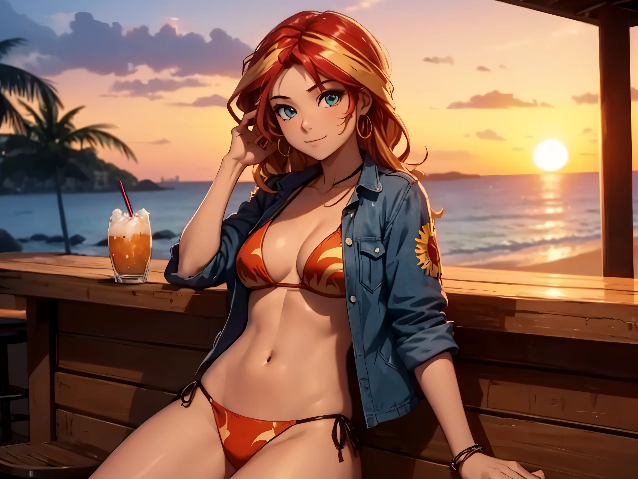 sunsethuman, female, bikini, open shirt, sitting at a bar on a beach at sunset, sipping a drink with a straw, two tone hair