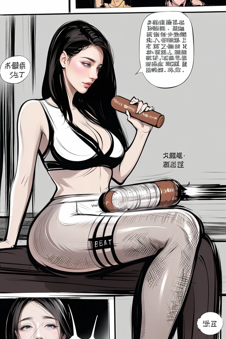 The beautiful girl in lace top and leggings is sitting astride a pile of skeletons in the center of the picture. She is holding a trembling sausage with juice squeezed out in her hand and smiling. There are multiple comic storyboards in the background，cbt, sausage bondage,sausage insertion,Sexy, trampling sausage with high heels heel,(masterpiece, best quality:1.2)，1 beautiful girl,sexy，comic storyboard:2, leggings, sit astride, axially symmetrical:2, ,femdom，sounding，cbt，hold，smile，colorful，leggings，thin gap，cameltoe，insertion，trembling，juice，spray， Long hair,Lace top,Sexy, Shiny leggings, High heel，cleveage, trampling, in forest, saliva , Mucus，