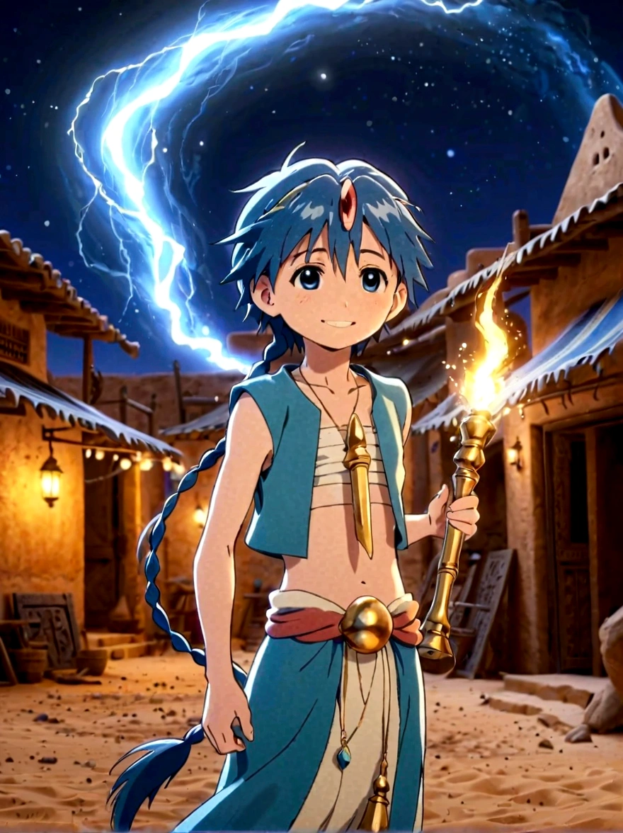 1boy，magi_aladdin，Standing alone in a desert town, He has short blue hair，With a braid，Wear a headscarf，Smiling，A flute pendant hangs around her neck，Wearing a blue vest, A magical explosion can be seen in the background，Super large magic circle，lightning，fighting，Mouth tightly shut，sneer，Soft lighting and detailed environments create an immersive environment，Let your imagination run wild with super details, Ultra-detailed face, High-quality visual effects, Sharp focus, Octane Rendering, 8k, Ultra HD