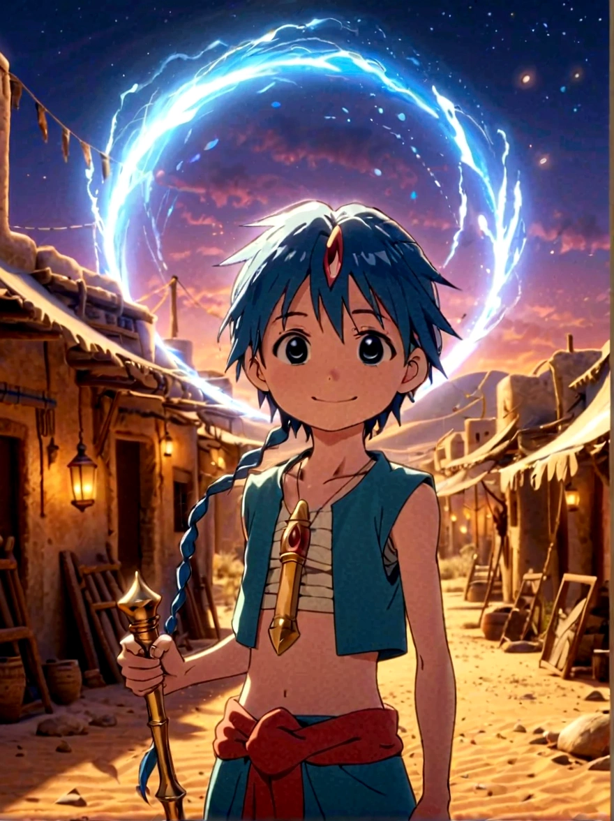 1boy，magi_aladdin，Standing alone in a desert town, He has short blue hair，With a braid，Wear a headscarf，Smiling，A flute pendant hangs around her neck，Wearing a blue vest, A magical explosion can be seen in the background，Super large magic circle，lightning，fighting，Mouth tightly shut，sneer，Soft lighting and detailed environments create an immersive environment，Let your imagination run wild with super details, Ultra-detailed face, High-quality visual effects, Sharp focus, Octane Rendering, 8k, Ultra HD