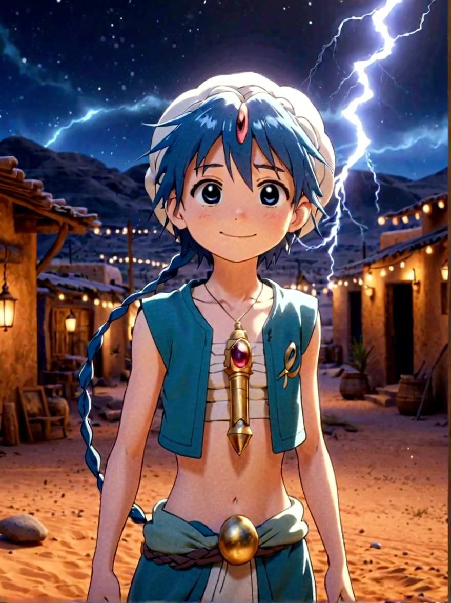 1boy，magi_aladdin，Standing alone in a desert town, He has short blue hair，With a braid，Wear a headscarf，Smiling，A flute pendant hangs around her neck，Wearing a blue vest, A magical explosion can be seen in the background，Super large magic circle，lightning，fighting，Mouth tightly shut，sneer，Soft lighting and detailed environments create an immersive environment，Let your imagination run wild with super details, Ultra-detailed face, High-quality visual effects, Sharp focus, Octane Rendering, 8k, Ultra HD