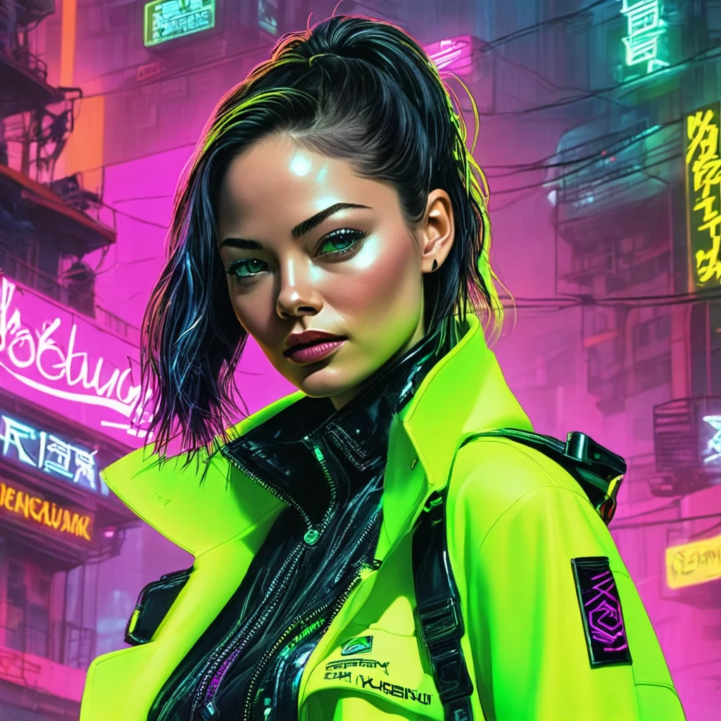 hiper nitido, hiper detallado, A closeup of Kristin Kreuk in a neon suit, Ambiente ciberpunk, cyberpunk with neon lights, Luz cyberpunk brillante, agachada,Vibraciones ciberpunk, Cyberpunk lighting, estilo ciberpunk, neon cyberpunk style, en el estilo cyberpunk, mira ciberpunk, cyberpunk dreamy girl, Foto Ciberpunk, neon cyberpunk, cyberpunk aesthetic, ropa de calle ciberpunk, cyberpunk aesthetic, Cyberpunk art style, Portero del streetwear cyberpunk,sabes, dedos perfectos,neon hair color, Textura de detalle, detalle del cabello,Pantalon long noir fluo, hermoso rostro,pelo ondulado,Detailed neon black shoes.,