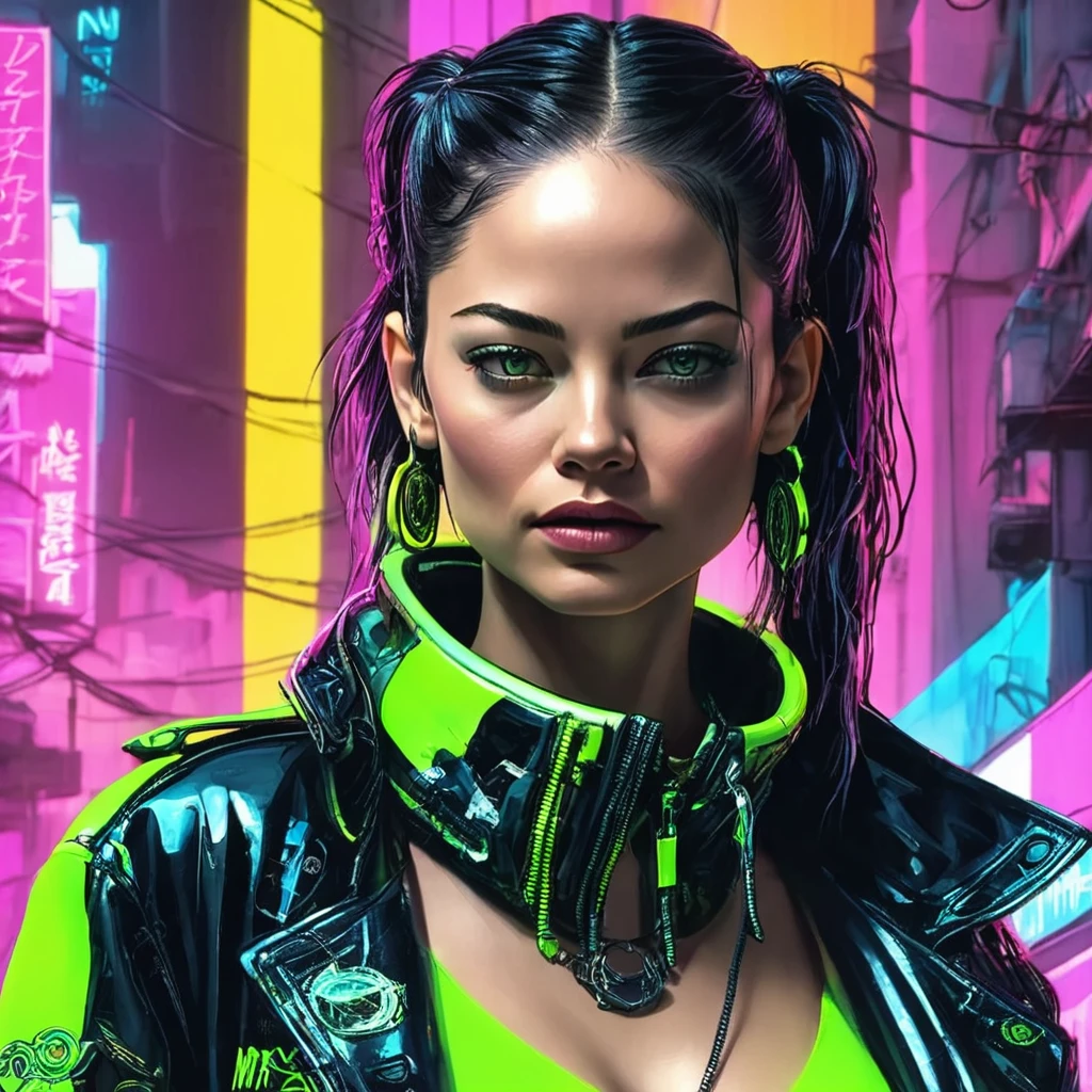 hiper nitido, hiper detallado, A closeup of Kristin Kreuk in a neon suit, Ambiente ciberpunk, cyberpunk with neon lights, Luz cyberpunk brillante, agachada,Vibraciones ciberpunk, Cyberpunk lighting, estilo ciberpunk, neon cyberpunk style, en el estilo cyberpunk, mira ciberpunk, cyberpunk dreamy girl, Foto Ciberpunk, neon cyberpunk, cyberpunk aesthetic, ropa de calle ciberpunk, cyberpunk aesthetic, Cyberpunk art style, Portero del streetwear cyberpunk,sabes, dedos perfectos,neon hair color, Textura de detalle, detalle del cabello,Pantalon long noir fluo, hermoso rostro,pelo ondulado,Detailed neon black shoes.,