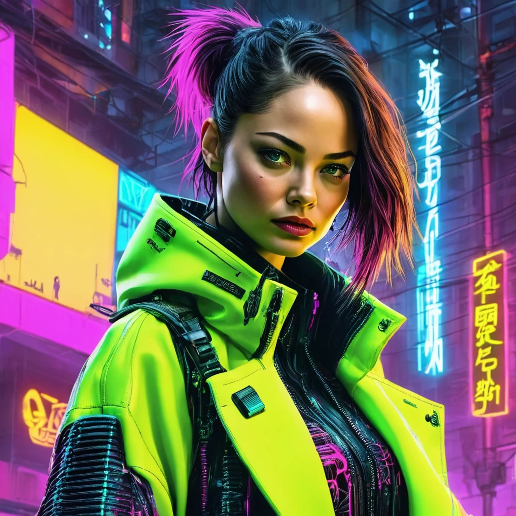 hiper nitido, hiper detallado, A closeup of Kristin Kreuk in a neon suit, Ambiente ciberpunk, cyberpunk with neon lights, Luz cyberpunk brillante, agachada,Vibraciones ciberpunk, Cyberpunk lighting, estilo ciberpunk, neon cyberpunk style, en el estilo cyberpunk, mira ciberpunk, cyberpunk dreamy girl, Foto Ciberpunk, neon cyberpunk, cyberpunk aesthetic, ropa de calle ciberpunk, cyberpunk aesthetic, Cyberpunk art style, Portero del streetwear cyberpunk,sabes, dedos perfectos,neon hair color, Textura de detalle, detalle del cabello,Pantalon long noir fluo, hermoso rostro,pelo ondulado,Detailed neon black shoes.,