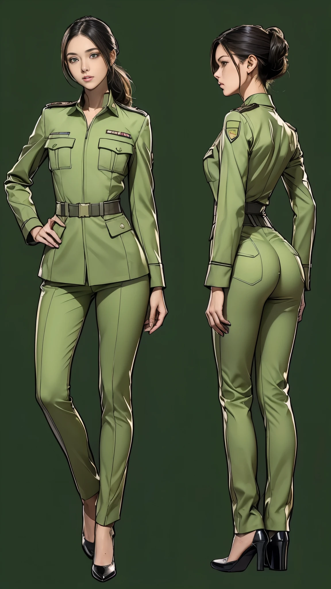 ((masterpiece)),(((highest quality))),((Reference Sheet, Character Design, front, return, ~ ~ side, Mr..々Hairstyle, Mr..々Performance, Facial Expressions)), , Cute type, (Very slim:1.4), (Very small ass:1.4), Realistic buttocks, (Medium bust:1.4), Short Bob, Thin thighs, Long legs, It's not a big deal,(A female Earth Federation officer is walking), (Wearing Earth Federation military uniform, Light green and light yellow military uniforms),(Worn by federal government employees'White Hat:1.5)