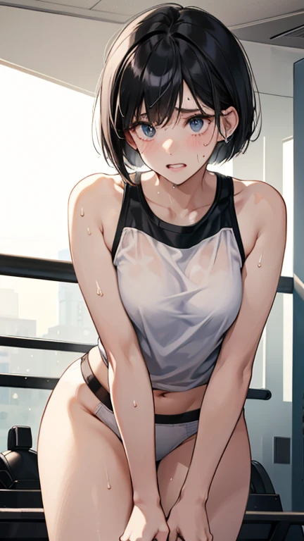 Bobcut、Black-haired 、Sweating at the gym、Desperate form、Sweaty、indoor、Many other guests、Disheveled clothing、Plain white panties、in motion、Grit your teeth、M-shaped legs