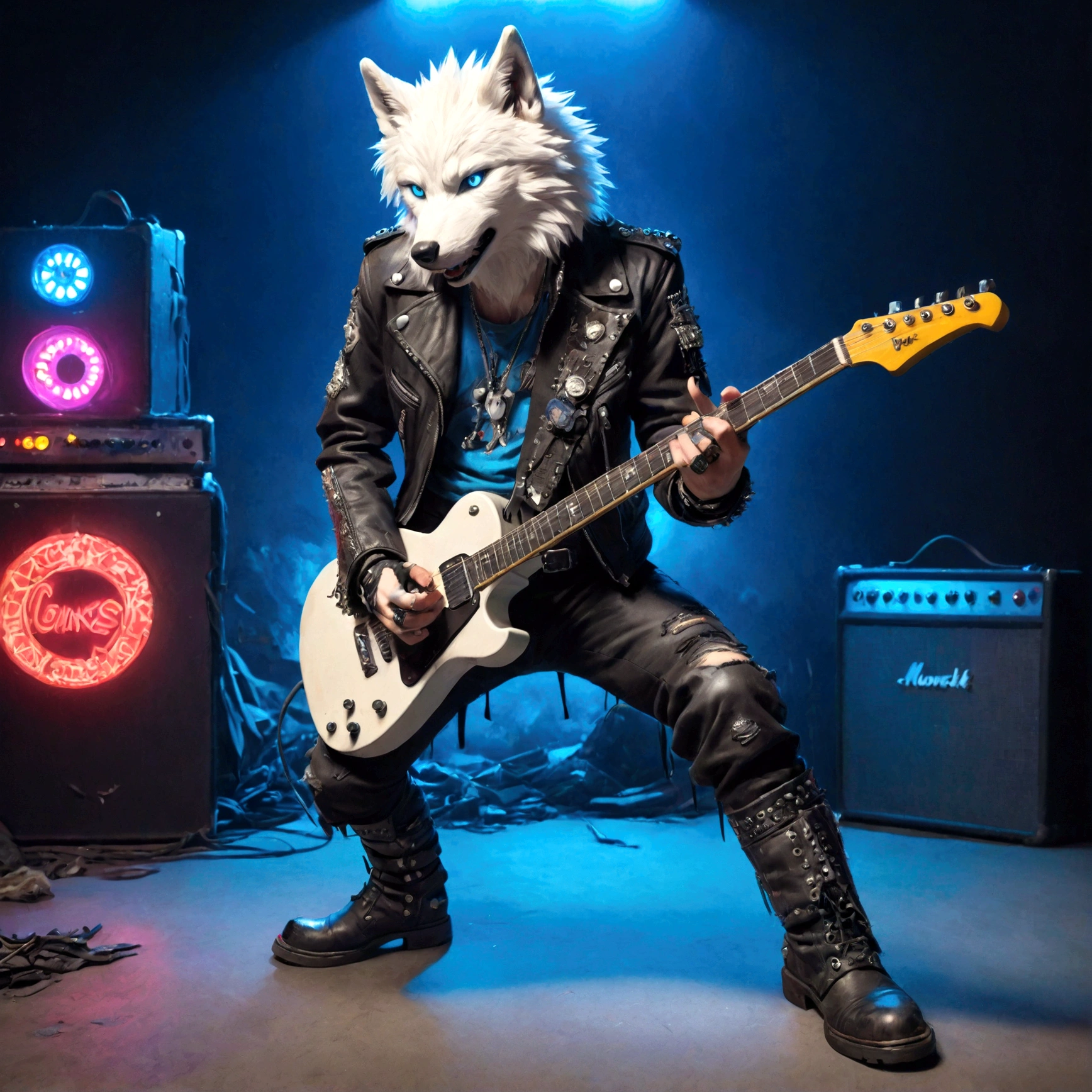 a white wolf with blue eyes wearing a punk outfit playing the lead guitar in a band, has blue mowhawk, has leather patched jacket, wearing torn boots, shredding on guitar, many multi colored neon lights
