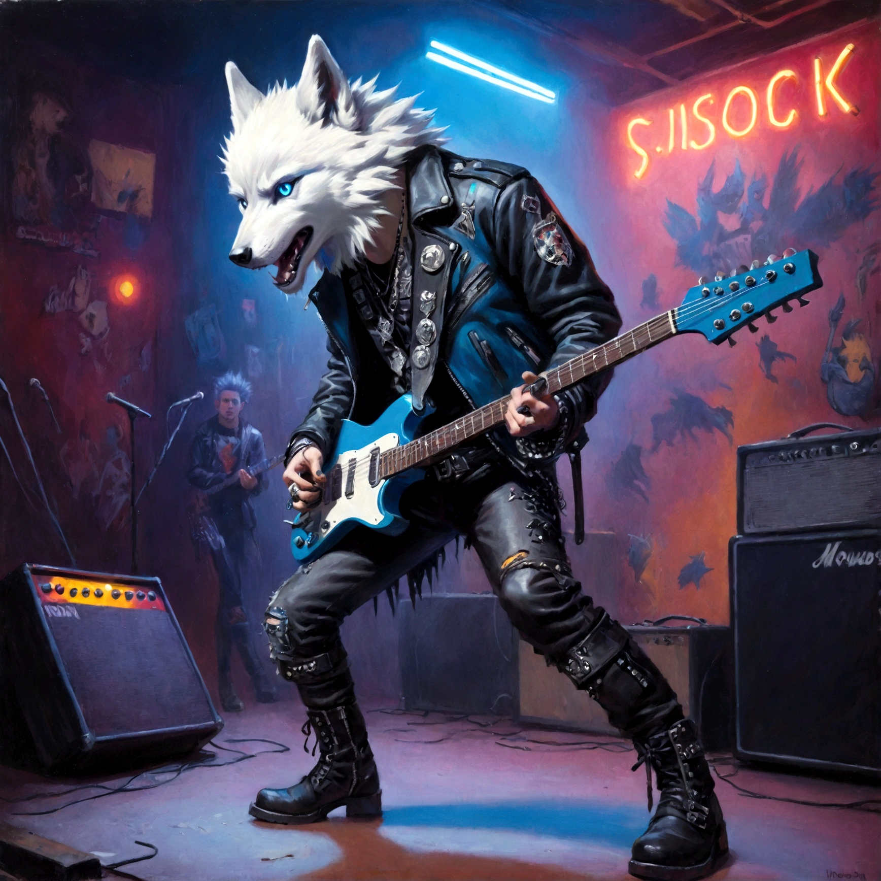 a white wolf with blue eyes wearing a punk outfit playing the lead guitar in a band, has blue mowhawk, has leather patched jacket, wearing torn boots, shredding on guitar, many multi colored neon lights