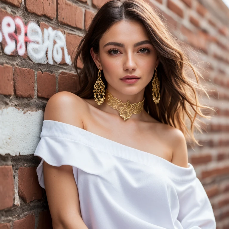 ultra realistic 8k cg, masterpiece, ((ultra detailed background, delicate pattern, intricate detail)), best quality, intricate details, chromatic aberration, 1girl, long hair, golden hair, messy hair, red highlights, hair over one eye, sharp eyes, choker, brick wall, graffiti, dim lighting, alley, oversized shirt,off shoulder, see through white shirt, Masterpiece, best quality