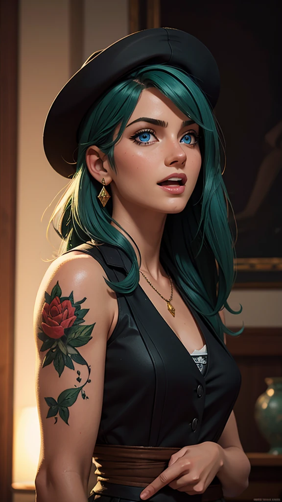 Masterpiece, best quality, high quality, very detailed CG uniform 8k wallpaper, 1girl, solo, green hair, tattoo, long hair, hat, diamomd jewelry, smile, necklace, looking at the audience, hat, realistic, open mouth, teeth, upper body, vest, nose, bare shoulders, artist name, black tiara, collarbone, arm black out tattoo, blue eyes, lips, blur, oil painting, award winning photography, bokeh, depth of field, HDR, bloom, chromatic aberration, realism, very detailed, artstation Intricate, High Detail, dramatic, art by midjourney