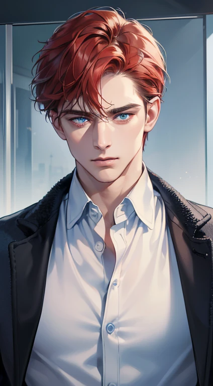 (best quality, masterpiece, 8K, photorealistic, cinematic lighting, 1:4 hdr image, ultra detailed, beautiful image), a mature man, 34 years very handsome, ((cold expression)), short red hair, blue eyes, face perfect without mistakes, ((buttoning his jacket, CEO))