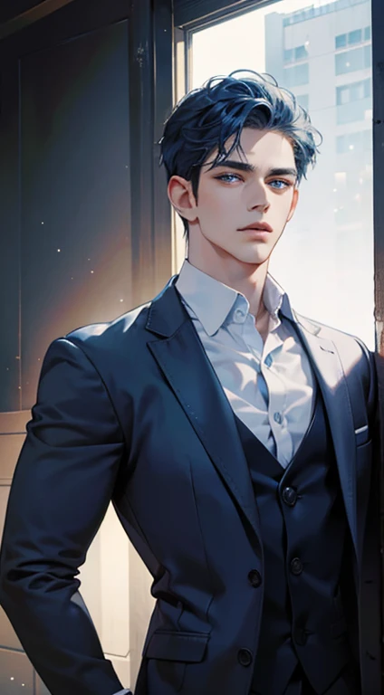 (best quality, masterpiece, 8K, photorealistic, cinematic lighting, 1:4 hdr image, ultra detailed, beautiful image), a mature man, 34 years very handsome, ((cold expression)), short blue hair, blue eyes, face perfect without mistakes, ((buttoning his jacket, CEO))
