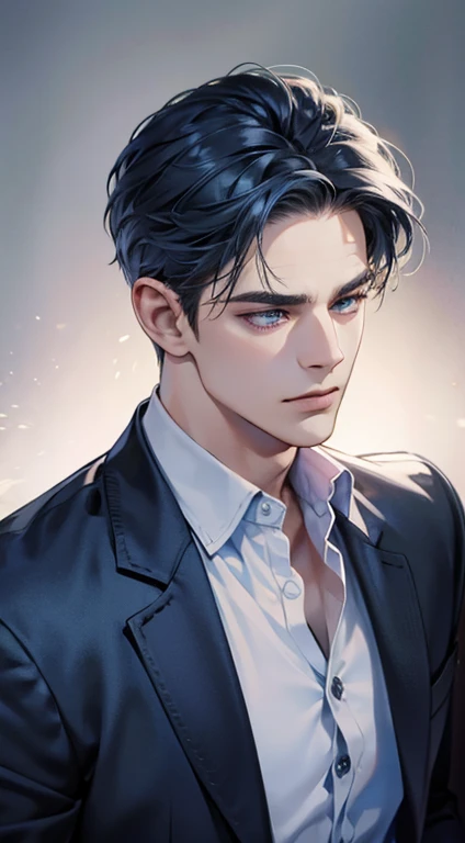 (best quality, masterpiece, 8K, photorealistic, cinematic lighting, 1:4 hdr image, ultra detailed, beautiful image), a mature man, 34 years very handsome, ((cold expression)), short blue hair, blue eyes, face perfect without mistakes, ((buttoning his jacket, CEO))