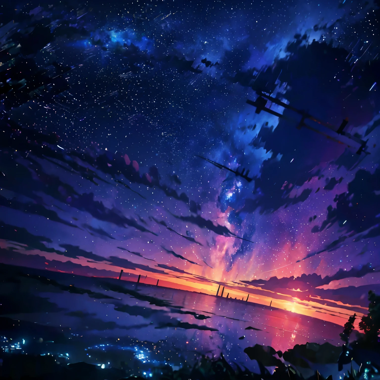 Shooting stars cross the night sky, Beautiful sight, Beautiful animation, Rich details, high quality, Clarity 4K, Artistic 4K wallpaper, Stunning anime scenery, 8k art wallpaper.