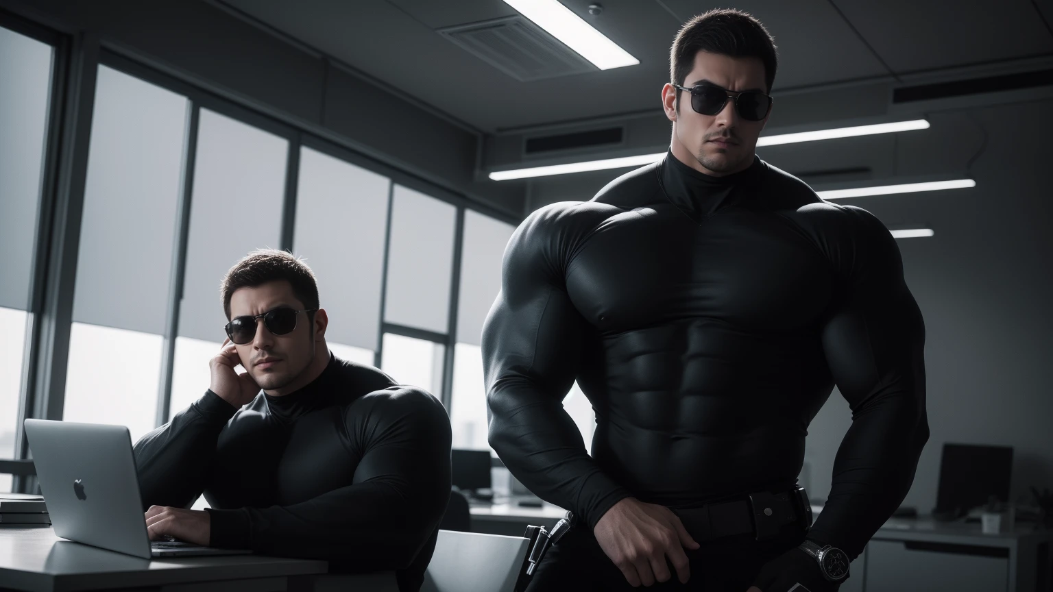 1 super muscular man,  He wears sunglasses，suit，Sitting in the office，Working on a laptop with a focused look，He wears sunglasses，Buzz Cut，In a luxurious office, Wear a long-sleeved high-necked cream-colored tights, Wear it over a suit，tie，Thickened warm elastic texture，The clothes are very tight and wrap the muscles perfectly，The expression is arrogant, Thick thighs,  High-necked long-sleeved cream turtleneck bodysuit, very tight, Regular symmetrical pattern, Highlight muscles, Police uniform pants, character concept（Resident Evil - Chris Redfield, Chris Redfield）A proud expression, Deep and charming eyes, Heroic male pose, tall Burly, muscular！muscular thighs, tough guy, perfect facial features, High, Burly, Heqiang, Super polished and cool, High Resolution Committee, Charismatic, Sunlight through the window, shine on body