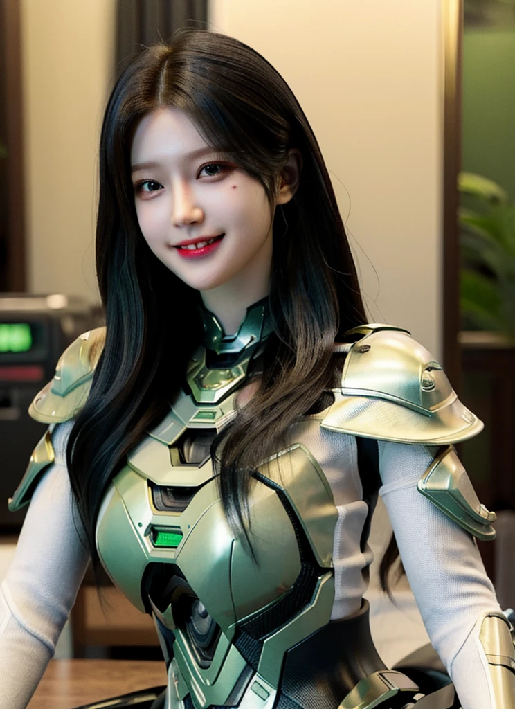Armoured girl, realistic, long hair, lite green black robotics, smile,