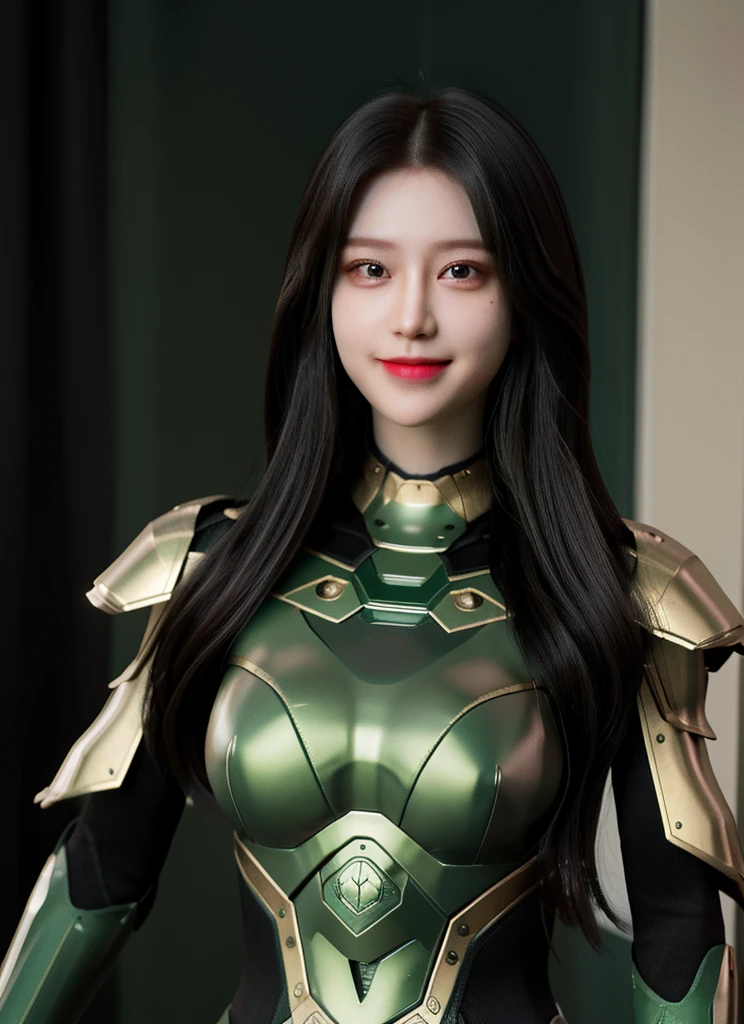 Armoured girl, realistic, long hair, lite green black robotics, smile,
