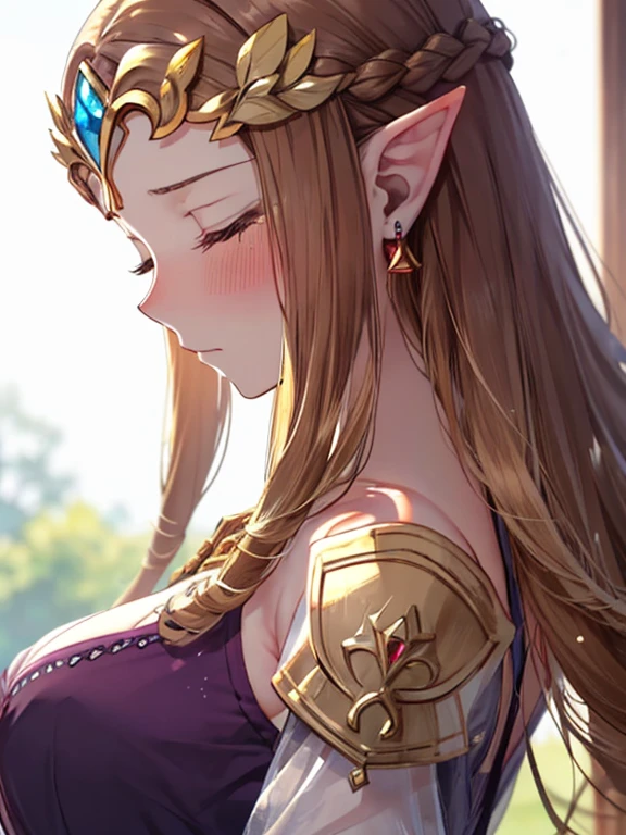 ((((close up of face)))),((((side angle)))),((((Golden hair ornament)))),(((Big Breasts))),(((Long Hair)))),((Metal jewelry in hair)),((((((Exposed shoulders)))))),Princess Zelda, ((highest quality)),,(Very detailed) ,((Purple blouse)),((Put your arms behind your back)),Brown Hair,((Embarrassed look)),Blushing, ((highest quality)), (Very detailed),((Dark brown hair)),(((Close your eyes)),Nintendo, The Legend of Zelda),crying face,Blushing,((alone)), ((highest quality)), (Very detailed), ,