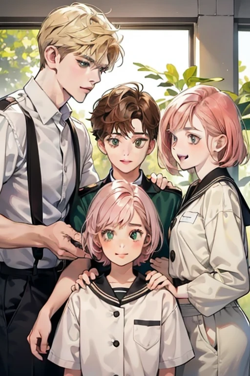 Friends, 3 boys and 2 girl, different hair color, short dark pink hair and brown eyes, short blonde hair and green eyes, short brown hair and brown eyes , in the school, side by side, cool, blonde hair boy is the tallest, light uniform, smile, white clothe