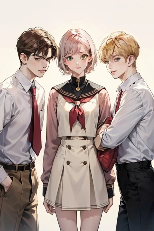 Friends, 3 boys and 2 girl, different hair color, short dark pink hair and brown eyes, short blonde hair and green eyes, short brown hair and brown eyes , in the school, side by side, cool, blonde hair boy is the tallest, light uniform, smile, white clothe