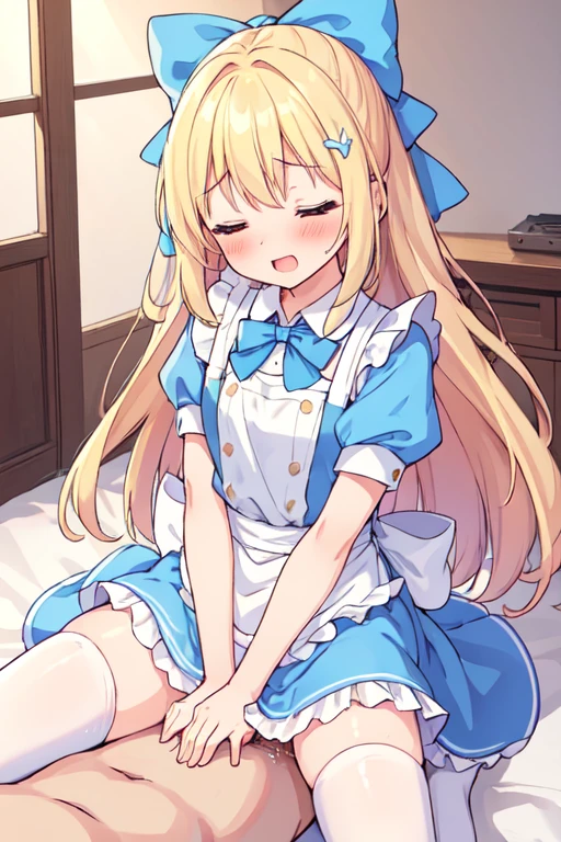 (best quality, masterpiece:1.2), illustrations,
BREAK 1girl, (cute), ,
flat chest,
(blonde long hair), disheveled hair,
(Alice's Adventures in Wonderland, Alice Costumes in Wonderland, blue dress, puff sleeve, white apron, frill, pinafore, collar, white legwear, loafer), ((hair bow, blue bow)),
BREAK orgasm face, closed eyes, open mouth, blush cheeks,
BREAK (vaginal penis:1.2), (a man), hetero, (girl sit astride on man), (girl on top), (girl spread legs), (intense Sex:1.7), (cum out:1.2),