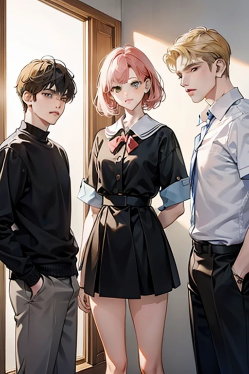 Friends, 3 boys and 2 girl, different hair color, short dark pink hair and brown eyes, short blonde hair and green eyes, short brown hair and brown eyes , in the school, side by side, cool, blonde hair boy is the tallest, light uniform, smile, white clothe