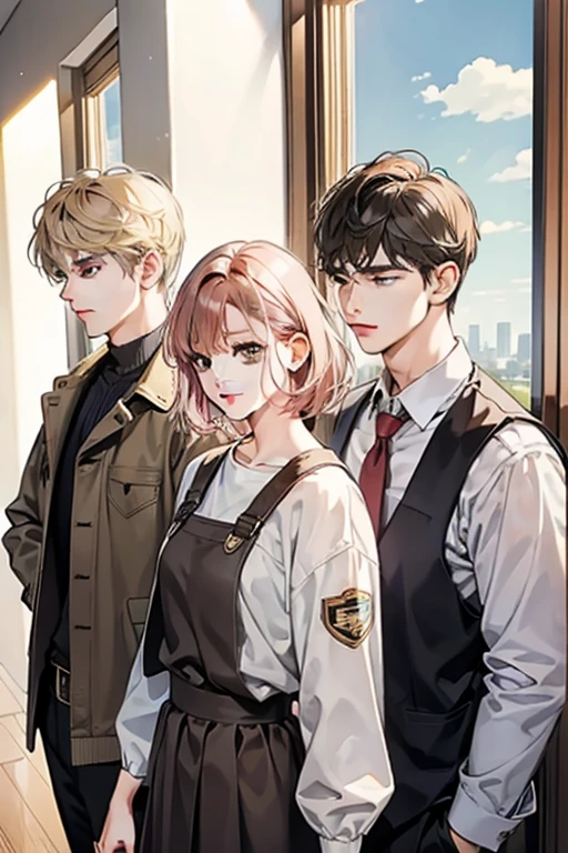 Friends, 3 boys and 2 girl, different hair color, short dark pink hair and brown eyes, short blonde hair and green eyes, short brown hair and brown eyes , in the school, side by side, cool, blonde hair boy is the tallest, light uniform, smile, white clothe