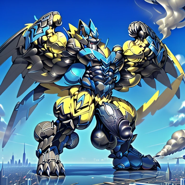 (masterpiece. official art. 8k. best quality. detailed full body. full body.)
(situation 1 : dominating zeraora. Zeraora is over 1000 meters long. focus GIANT mechanical Muscular Zeraora is trampling the city. Looking down. macro. stomp. Low-angle perspective. emphasizing the immense size.)
(situation 2 :smoke and flames rising from the destruction in the city)
(Additional details 1: wearing a full-face helmet. high-tech bio-mecha armor. real texture material. whole body shines like metal. Wearing cyberpunk mecha. emphasizes the muscles. suit fully made of metal. intricate armor. Robotic suit. suit fully made of metal. cyborg. Powered exoskeleton with the same design as Zeraora).
(Additional details 2: (Detailed head. Detailed Body. Detailed abs. gigantic muscles. HYPER MUSCLES. Gigachad Muscular. big muscle. pecs. triceps. traps. unusually developed muscular body. body full of huge muscles. showing off muscles. pectorales enormes. Exaggeratedly huge muscles. huge muscles. long legs.).
(Additional details 3: Spread wings. It has wings. have big wings. golden wings. The claws are sharp. Sharp teeth.).
(Additional details 4: black color hyper penis. hyper black penis. big penis)
(Additional details 5: focus GIANT zeraora. Zeraora's focus GIANT robot. gundam.)