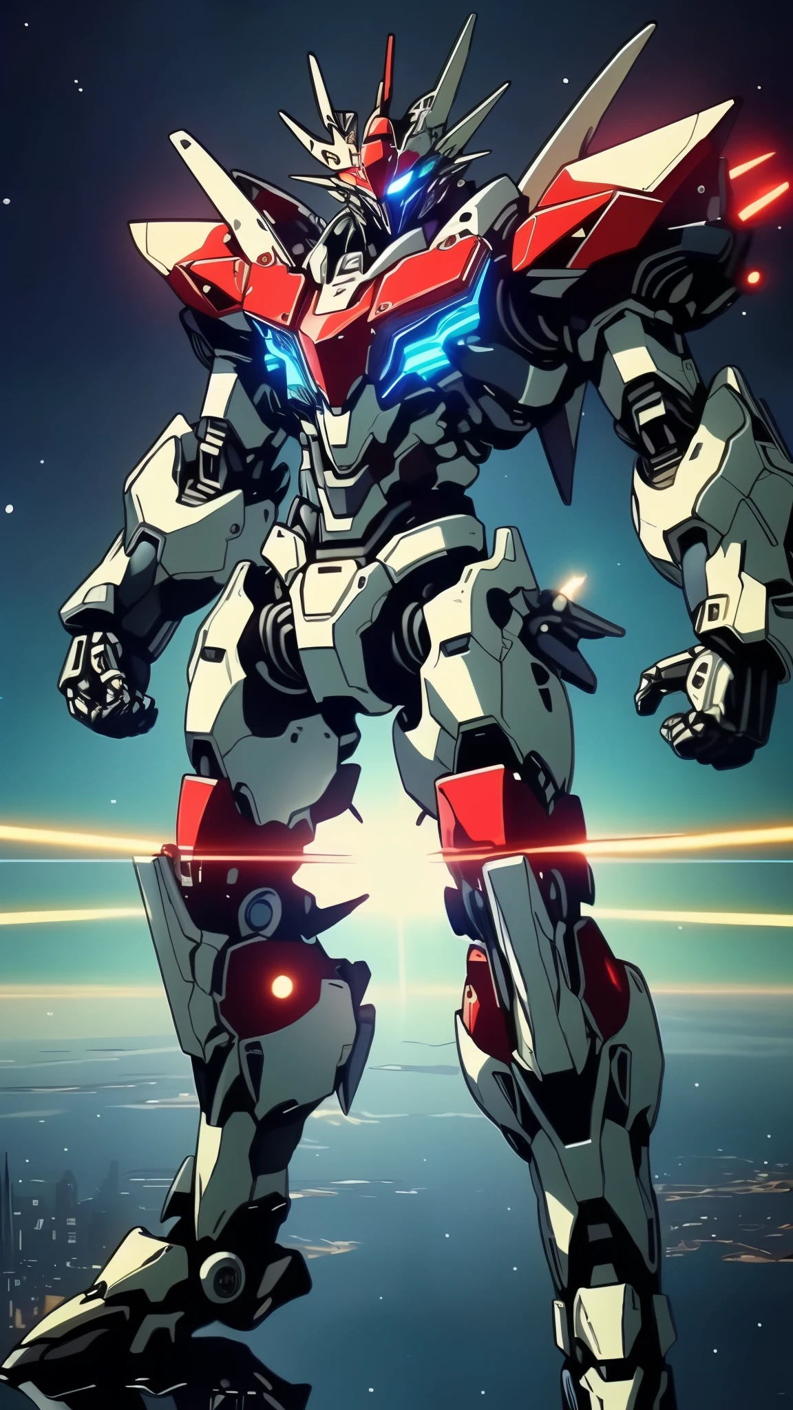 Humanoid Mecha, fully enclosed shoulder guards, matching arm and leg guards, full body, full armor, the design balances heavy with agility, (the color scheme is primarily white with red and blue accents, the concept Inspired by Super robot, organic biotech armor, standing, floating high above the futuristic sci-fi city), exquisite and mature art style, (aura effect, energy, glowing eyes, the armor glows), ((SRS)), metallic, dynamic, dramatic, high definition, best quality, highres, ultra-detailed, ultra-fine painting, extremely delicate, professional, perfect body proportions, anatomically correct, symmetrical face, extremely detailed eyes and face, high quality eyes, creativity, RAW photo, UHD, 32k, Natural light, cinematic lighting, masterpiece-anatomy-perfect, masterpiece:1.5