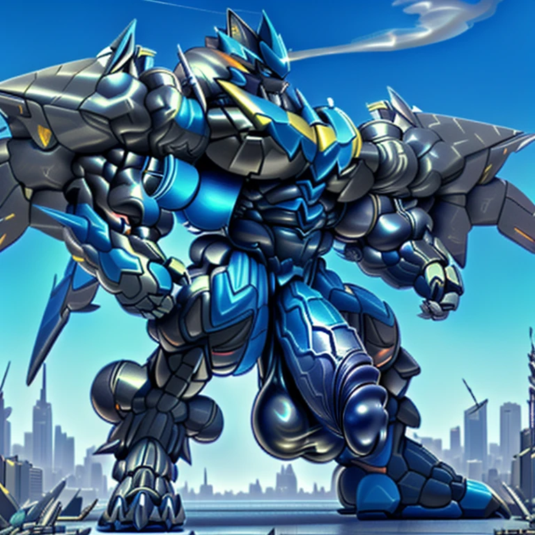 (masterpiece. official art. 8k. best quality. detailed full body. full body.)
(situation 1 : ting zeraora. Zeraora is over 1000 meters long. focus GIANT mechanical Muscular Zeraora is trampling the city. Looking down. macro. stomp. Low-angle perspective. emphasizing the immense size.)
(situation 2 :smoke and flames rising from the destruction in the city)
(Additional details 1: wearing a full-face helmet. high-tech bio-mecha armor. real texture material. whole body shines like metal. Wearing cyberpunk mecha. emphasizes the muscles. suit fully made of metal. intricate armor. Robotic suit. suit fully made of metal. cyborg. Powered exoskeleton with the same design as Zeraora).
(Additional details 2: (Detailed head. Detailed Body. Detailed abs. gigantic muscles. HYPER MUSCLES. Gigachad Muscular. big muscle. pecs. triceps. traps. unusually developed muscular body. body full of huge muscles. showing off muscles. pectorales enormes. Exaggeratedly huge muscles. huge muscles. long legs.).
(Additional details 3: Spread wings. It has wings. have big wings. golden wings. The claws are sharp. Sharp teeth.).
(Additional details 4: black color hyper penis.r black penis. big )
(Additioetails 5: focus GIANT zeraora. Zeraora's focus GIANT robot. gundam.)