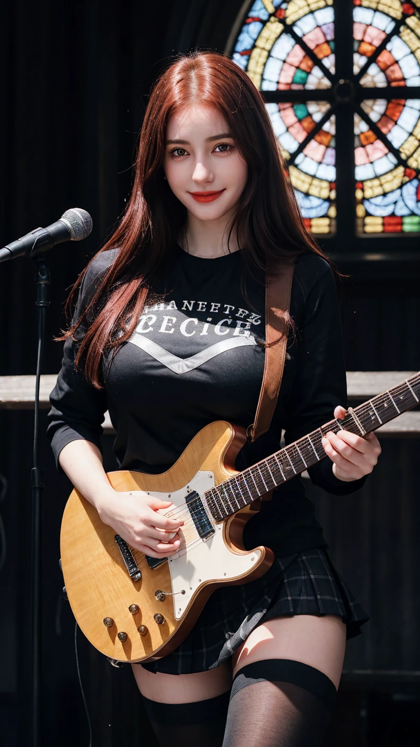 ((best quality)), photorealistic, photorealism, Photorealistic, high resolution, school girl blazer、 black t shirt、Red checked knee-length skirt、Long skirt、JK Style、Jacket、smile、Knee-high socks、Thigh-high socks、pantyhose、A superb beauty、Super cute、ennui、Rare beauty、Short hair、Aestethic tatoo, Black Dark Eyeshadow、Sad、white skin、pale skin, short hair straightener、Dark Gothic Makeup、Cute Smile、Fragrant beauty、Stained glass background、Mastepiece、Best Quality、Refers to 5 books、Sweat glistening on my chest、Sweat glistening on my face、Large breasts、Huge breast、Red hair、Age 20 years old、Mysterious look、A sad expression、Red Hair、mysterious gothic church、enchanting castle、Sweating profusely all over the body、A lot of sweat and light on the thighs、Shiny thighs、Plenty of sweat glistening on the thighs、A large amount of sweat glistens on my thighs、Sweating profusely、Gal、Medium breasts、beautiful face、Alluring expression、Thin thighs、Playing electric guitar、I have an electric guitar、Sing a song enthusiastically、Playing guitar in a band、Playing guitar chords、Live House Background、Sing a song、Open your mouth、Live house scenery、Mike stand、Glamorous live stage、Dynamic Angle、cinematic lighting