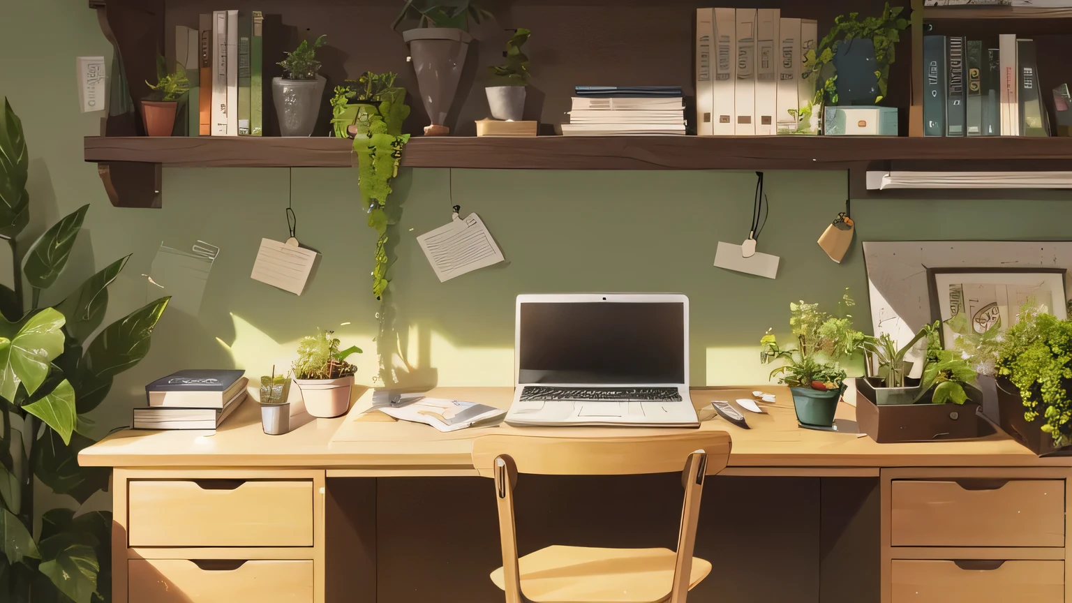 Study Room Desk: A tranquil haven, crafted with a minimalist ethos. A expansive desk, flawlessly tidy, embellished with a modern laptop, numerous notebooks, and a selection of pens strategically positioned. The laptop emits a soft glow, dispersing a gentle, indirect light over the desk. Houseplants, vibrant and verdant, stand erect, infusing a hint of nature into the room. An ivy spills over from a suspended pot, cleansing the air and fostering an atmosphere of serenity. Bookshelves flank the walls, stocked with a variety of books in soothing hues, their spines visible in the subdued