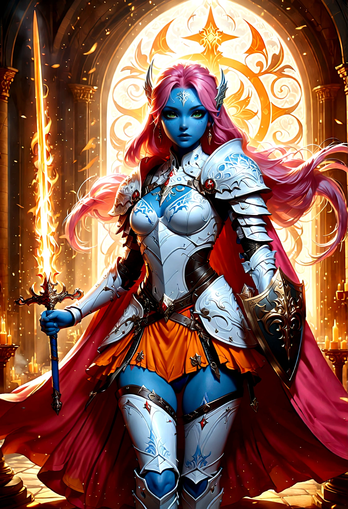 fantasy art, dnd art, RPG art, wide shot, (masterpiece: 1.4) a (portrait: 1.3) intense details, highly detailed, photorealistic, best quality, highres, portrait a female (fantasy art, Masterpiece, best quality: 1.3) ((blue skin: 1.5)), intense details facial details, exquisite beauty, (fantasy art, Masterpiece, best quality) cleric, (blue skinned: 1.3) female, (pink hair: 1.3), long hair, (no ears: 1.5), (green eyes: 1.3), armed with a fiery sword red fire, wearing heavy (white armor: 1.3), wearing high heeled laced boots, wearing an (orange cloak:1.3), wearing glowing holy symbol GlowingRunes_yellow, within fantasy temple background, reflection light, high details, best quality, 16k, [ultra detailed], masterpiece, best quality, (extremely detailed), close up, ultra wide shot, photorealistic, RAW, fantasy art, dnd art, fantasy art, realistic art,((best quality)), ((masterpiece)), (detailed), perfect face,