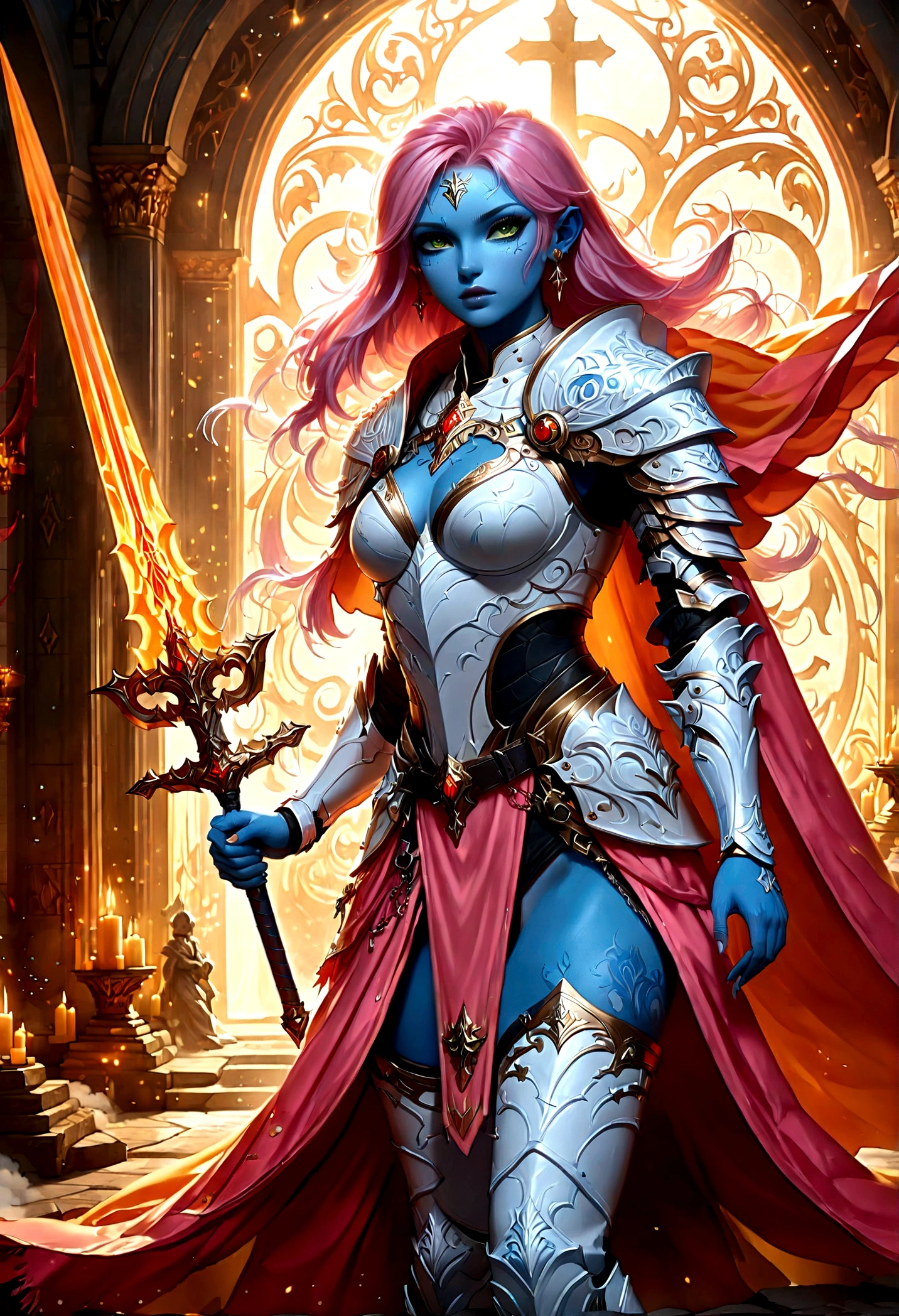 fantasy art, dnd art, RPG art, wide shot, (masterpiece: 1.4) a (portrait: 1.3) intense details, highly detailed, photorealistic, best quality, highres, portrait a female (fantasy art, Masterpiece, best quality: 1.3) ((blue skin: 1.5)), intense details facial details, exquisite beauty, (fantasy art, Masterpiece, best quality) cleric, (blue skinned: 1.3) female, (pink hair: 1.3), long hair, (no ears: 1.5), (green eyes: 1.3), armed with a fiery sword red fire, wearing heavy (white armor: 1.3), wearing high heeled laced boots, wearing an (orange cloak:1.3), wearing glowing holy symbol GlowingRunes_yellow, within fantasy temple background, reflection light, high details, best quality, 16k, [ultra detailed], masterpiece, best quality, (extremely detailed), close up, ultra wide shot, photorealistic, RAW, fantasy art, dnd art, fantasy art, realistic art,((best quality)), ((masterpiece)), (detailed), perfect face,