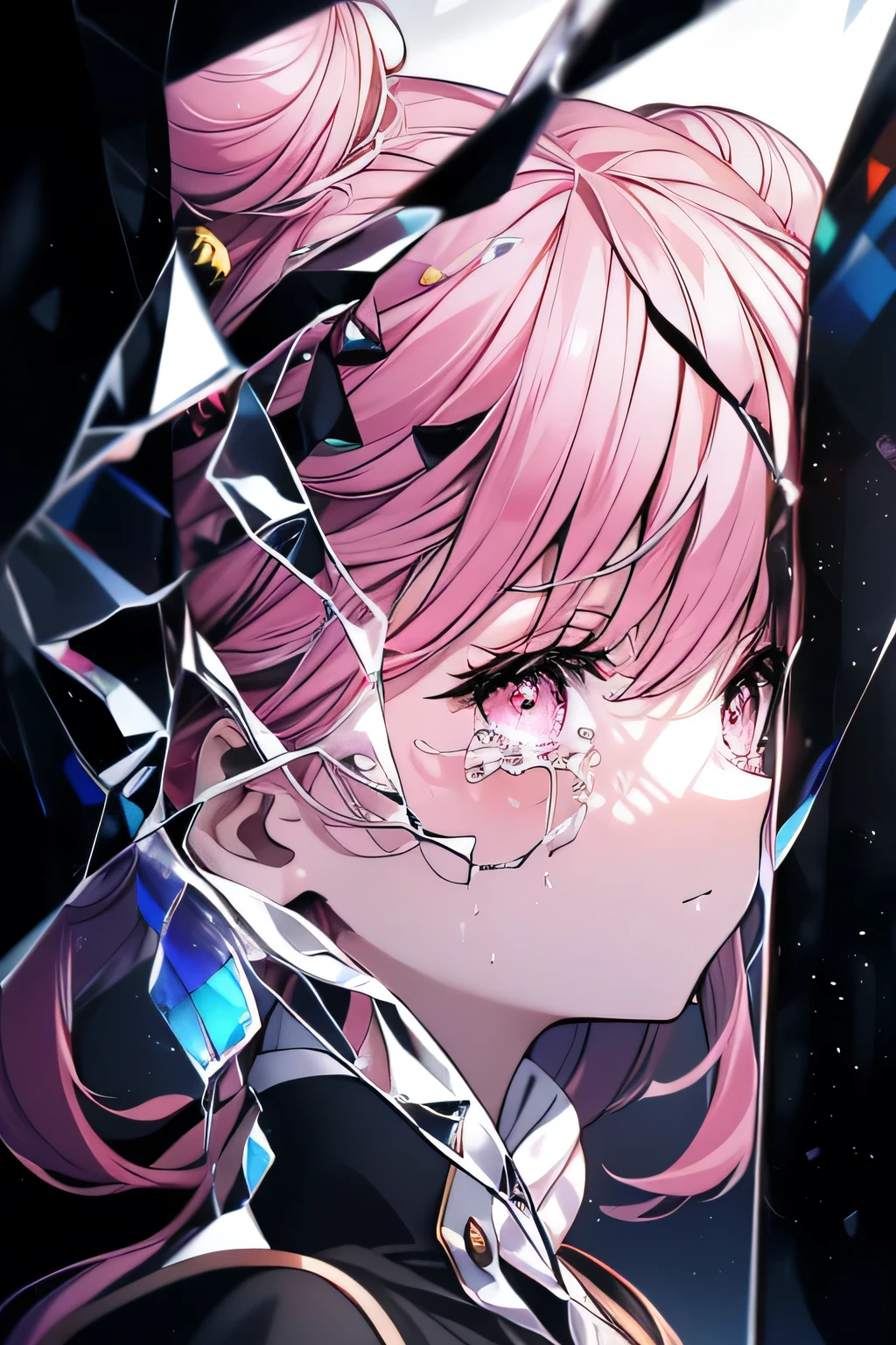 anime,silhouette,One girl, star (null), cloud, cityscape, building, city, Outdoor, nullscraper, city lights, night, night null, sunset, nullline, (Hair Ribbon:0.4),(((White bun hair))),(((Long pink hair))),(((Lonely face))),(((Tears))),(((Breaking the glass))),(((Pink glass))),(((pink々Glass))),(((The entire glass breaks))),