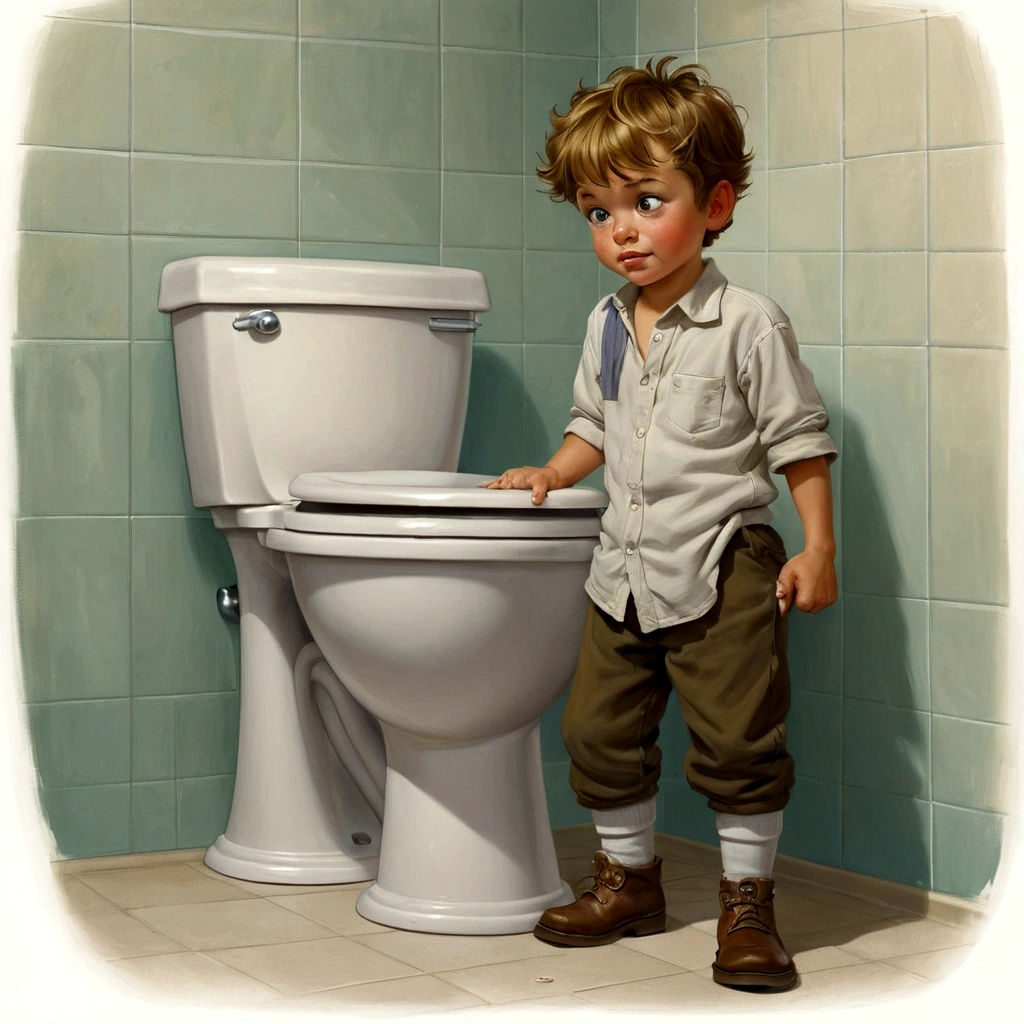 painting of a  boy standing next to a toilet in a bathroom, illustration!, full color illustration, concept art of single boy, rob rey, by Bob Byerley, ultra humorous oil painting, by Ben Zoeller, by Scott Gustafson, todd schorr, siting on a toilet, by Stevan Dohanos, by Brian Thomas