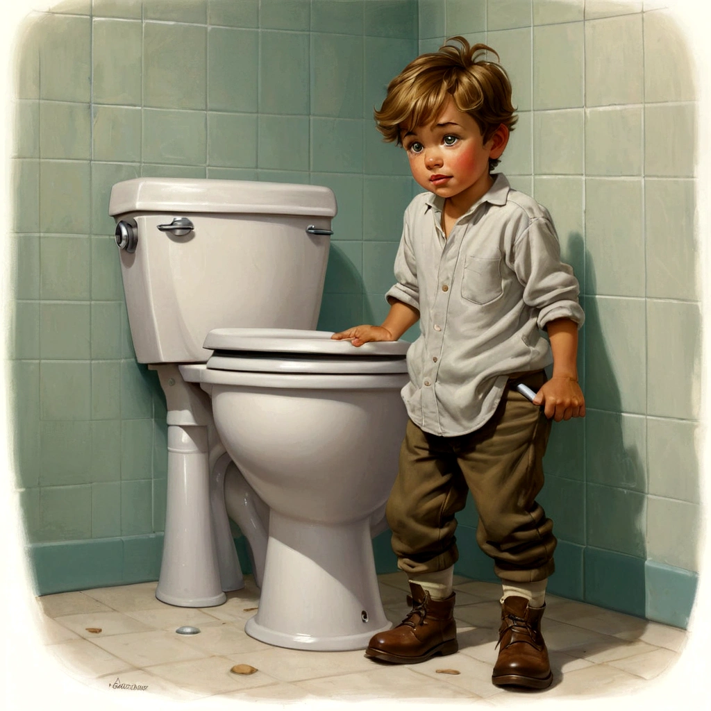 painting of a little boy standing next to a toilet in a bathroom, illustration!, full color illustration, concept art of single boy, rob rey, by Bob Byerley, ultra humorous oil painting, by Ben Zoeller, by Scott Gustafson, todd schorr, siting on a toilet, by Stevan Dohanos, by Brian Thomas