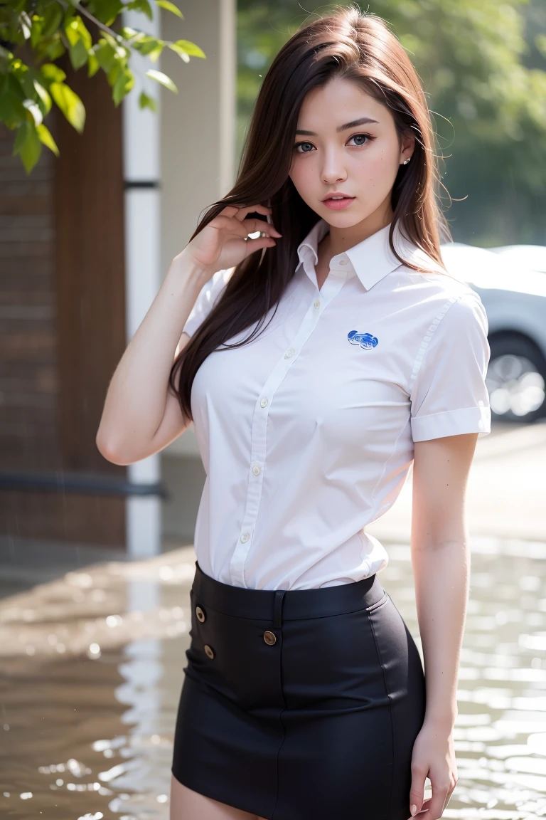 best quality, masterpiece, ultra high res, (photo realistic:1.4), 1 girl, medium breasts, big blue eyes, brown hair, white button shirt, black skirt, school uniform, cute, young, posing, very long hair, looking at viewers, rain, wet, professional lighting, physically-based rendering