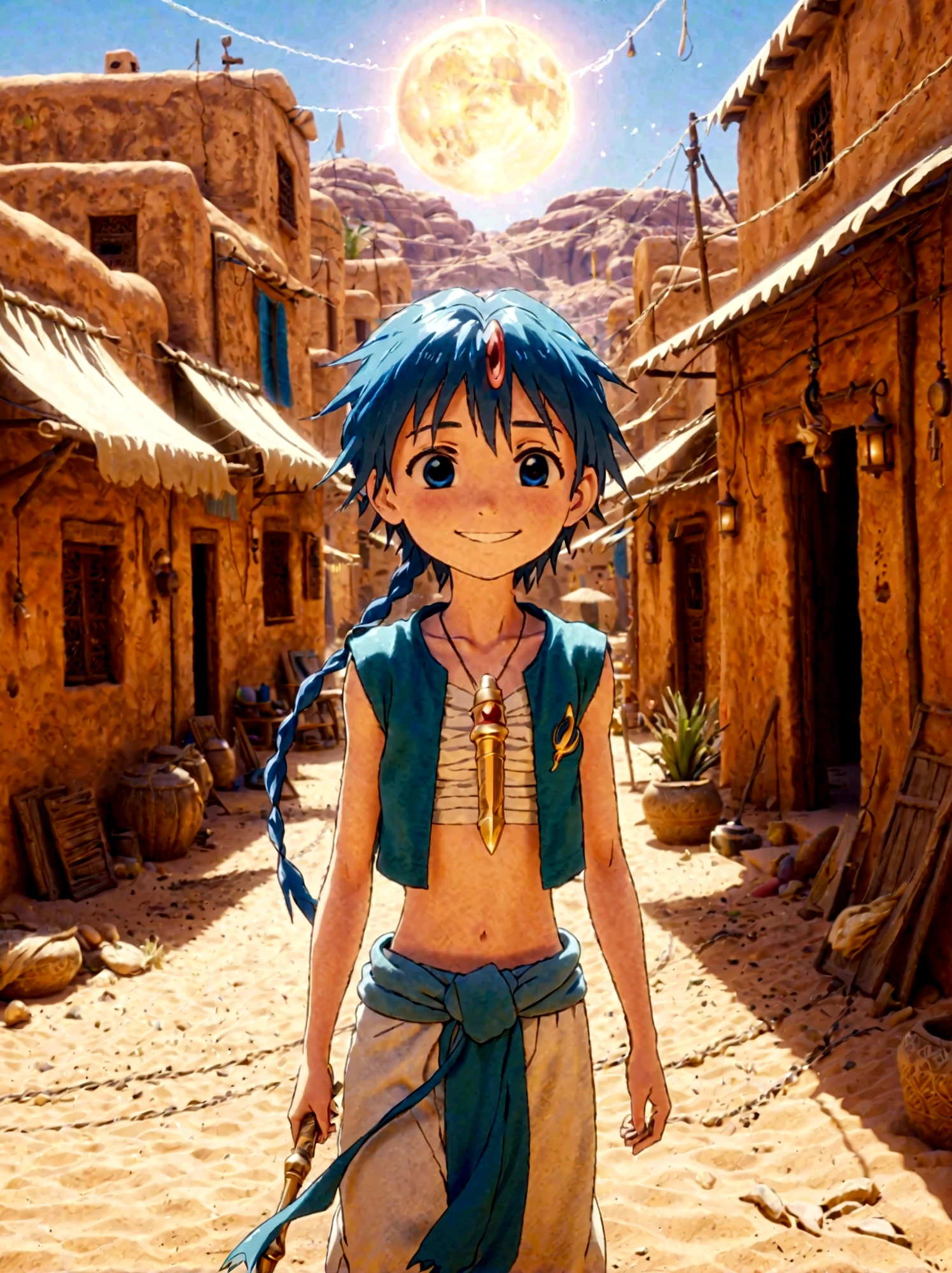 1boy，magi_aladdin，Standing alone in a desert town, He has short blue hair，With a braid，Wear a headscarf，Smiling，A flute pendant hangs around her neck，Wearing a blue vest, A magical explosion can be seen in the background，Super large magic circle，lightning，fighting，Mouth tightly shut，sneer，Soft lighting and detailed environments create an immersive environment，Let your imagination run wild with super details, Ultra-detailed face, High-quality visual effects, Sharp focus, Octane Rendering, 8k, Ultra HD