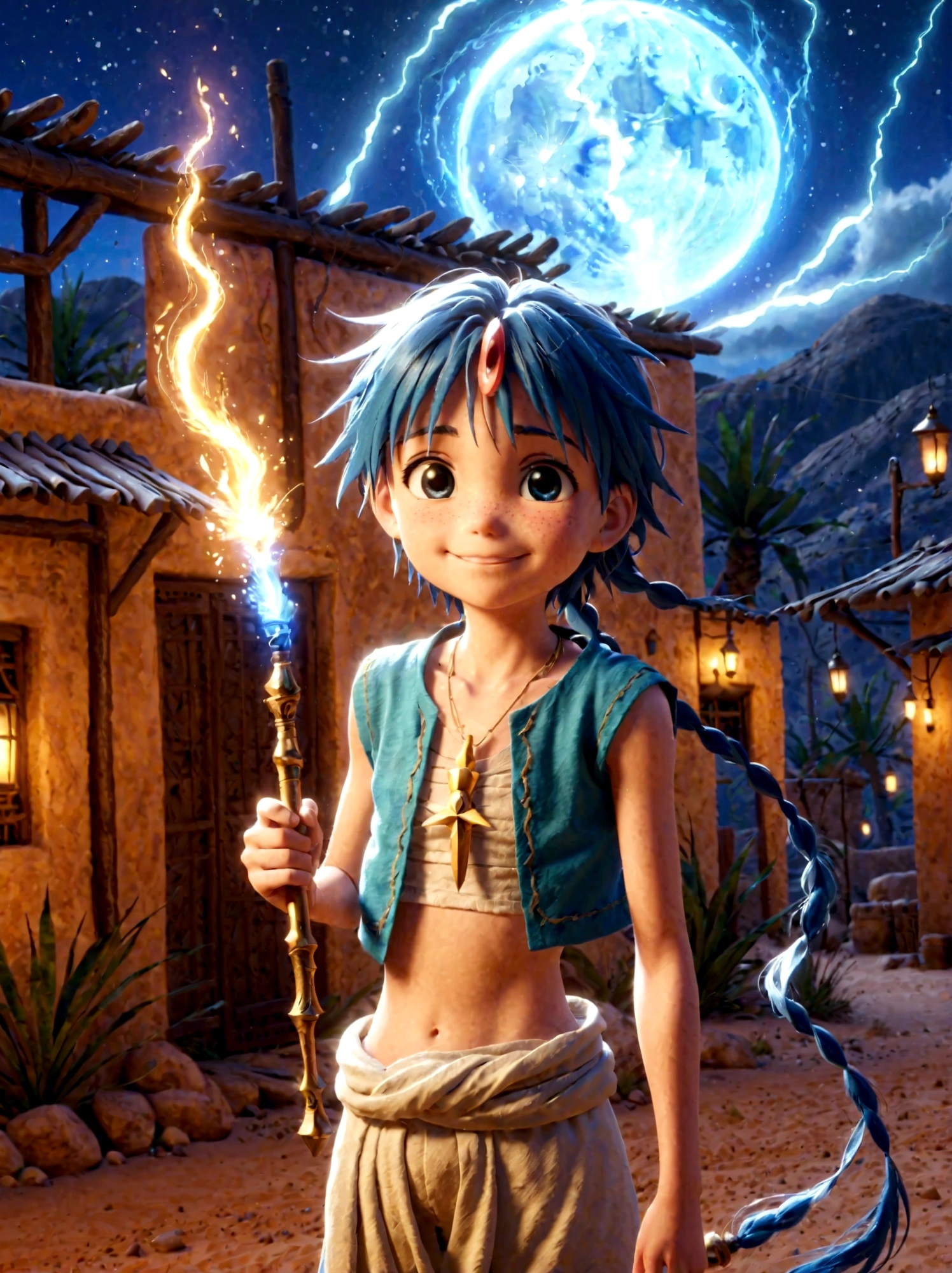 1boy，magi_aladdin，Standing alone in a desert town, He has short blue hair，With a braid，Wear a headscarf，Smiling，A flute pendant hangs around her neck，Wearing a blue vest, A magical explosion can be seen in the background，Super large magic circle，lightning，fighting，Mouth tightly shut，sneer，Soft lighting and detailed environments create an immersive environment，Let your imagination run wild with super details, Ultra-detailed face, High-quality visual effects, Sharp focus, Octane Rendering, 8k, Ultra HD